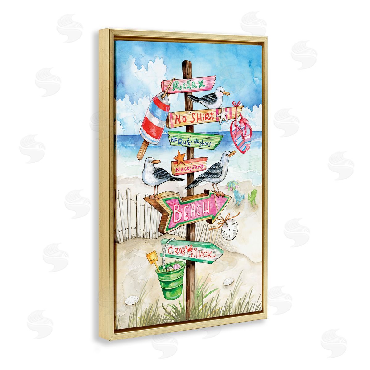 Ronnie Rooney Seaside Rules Signs Gold Floating Frame Canvas Wall Art Print