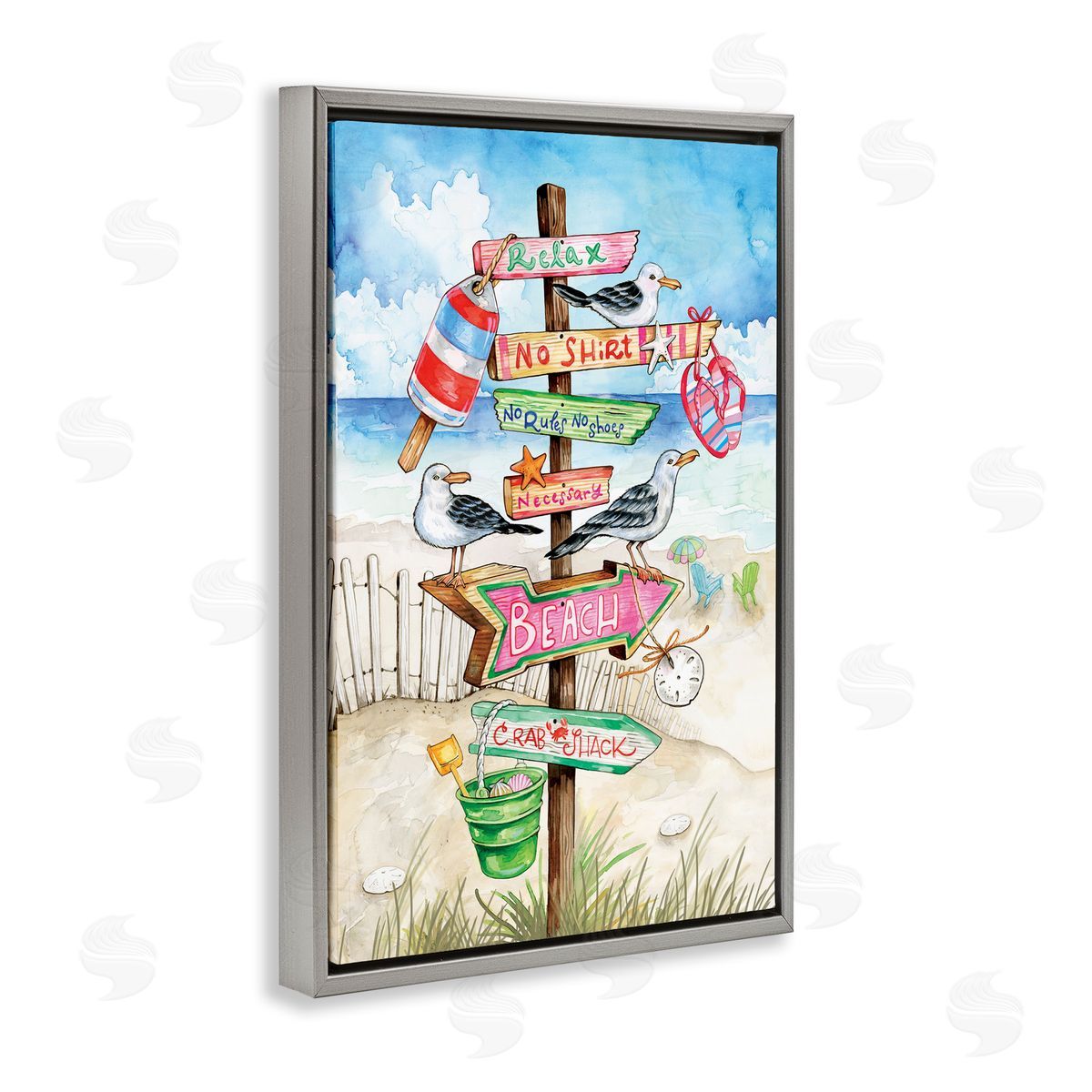 Ronnie Rooney Seaside Rules Signs Gray Floating Frame Canvas Wall Art Print
