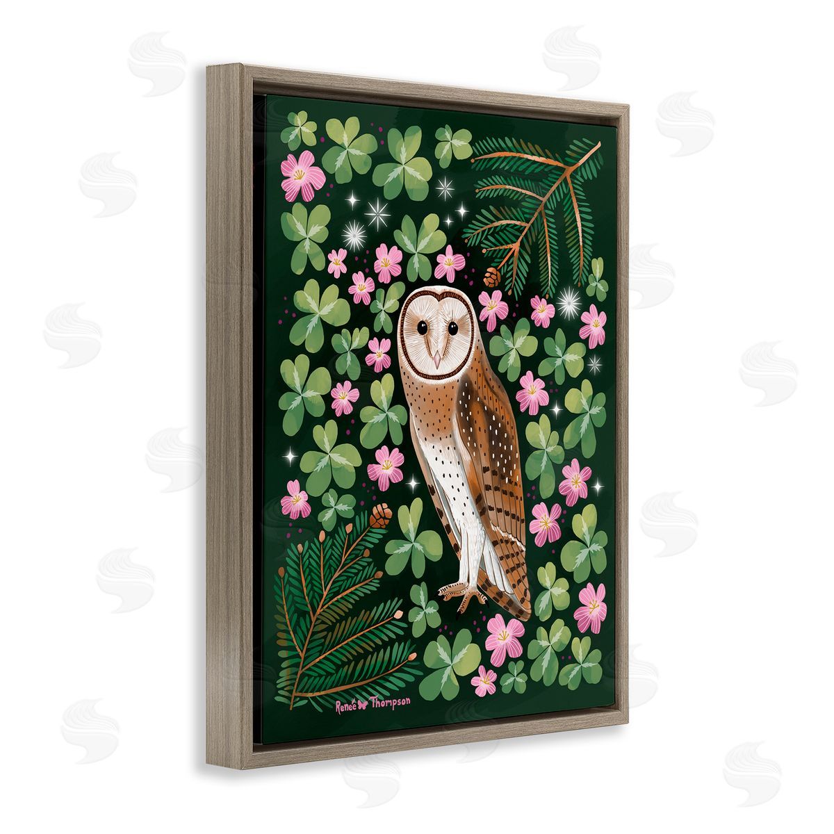 Renee Thompson Barn Owl & Botanicals Brown Floating Frame Canvas Wall Art Print