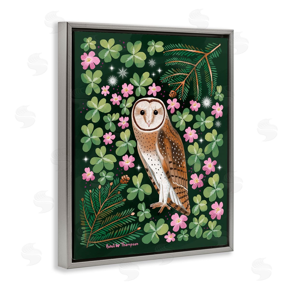 Renee Thompson Barn Owl & Botanicals Gray Floating Frame Canvas Wall Art Print