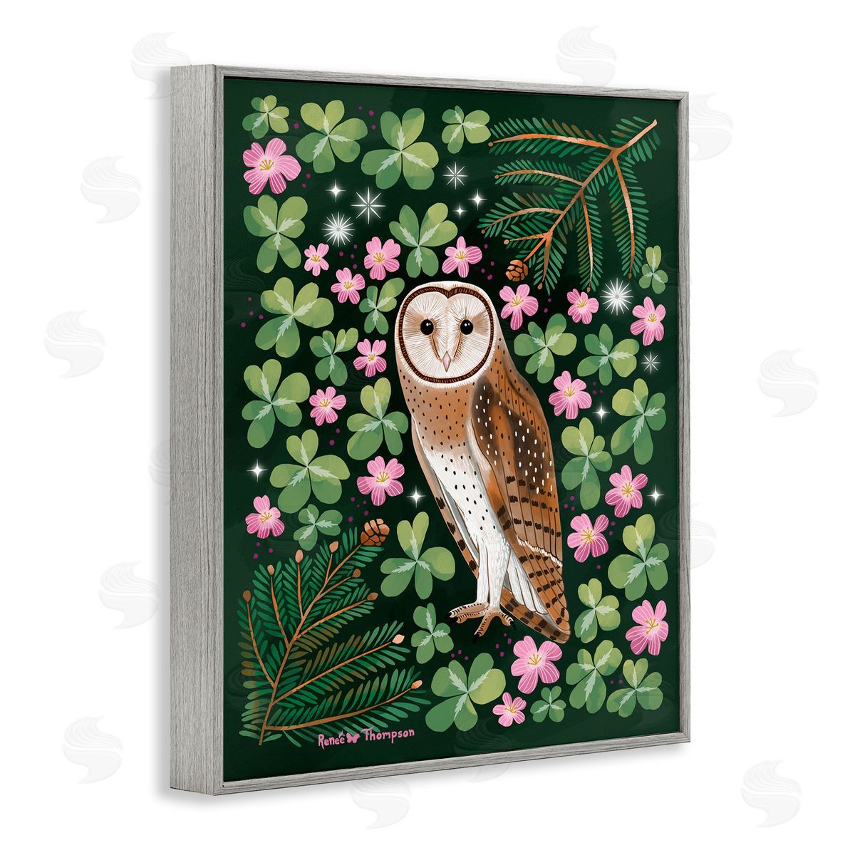 Renee Thompson Barn Owl & Botanicals Gray Framed Giclee Wall Art Print