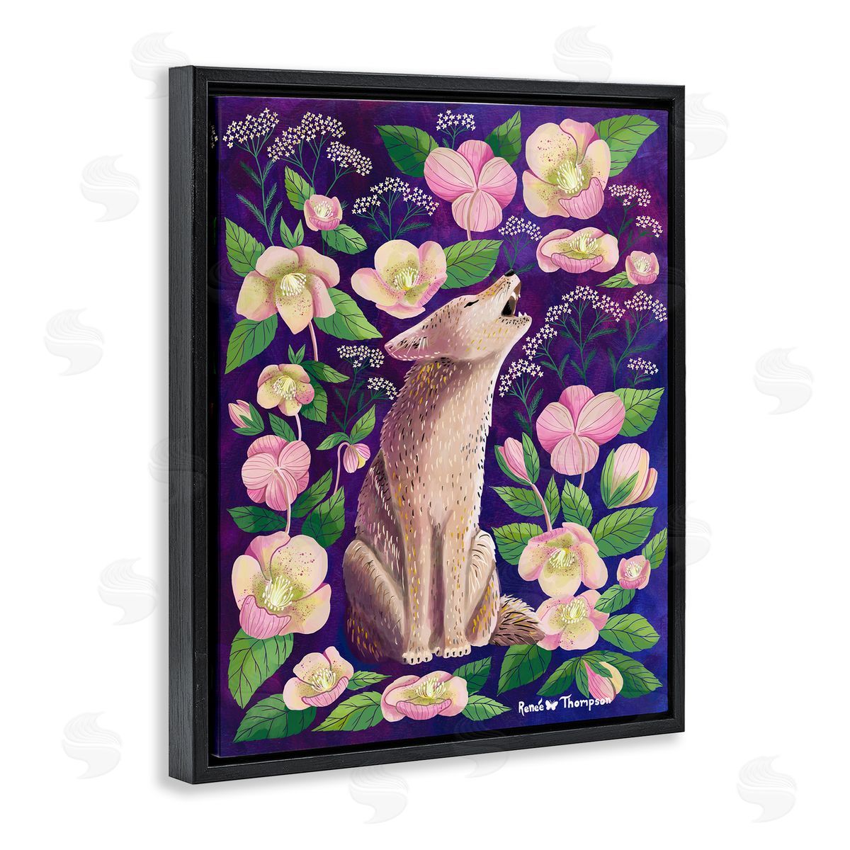 Renee Thompson Coyote & Pink Florals Black Floating Frame Canvas Wall Art Print