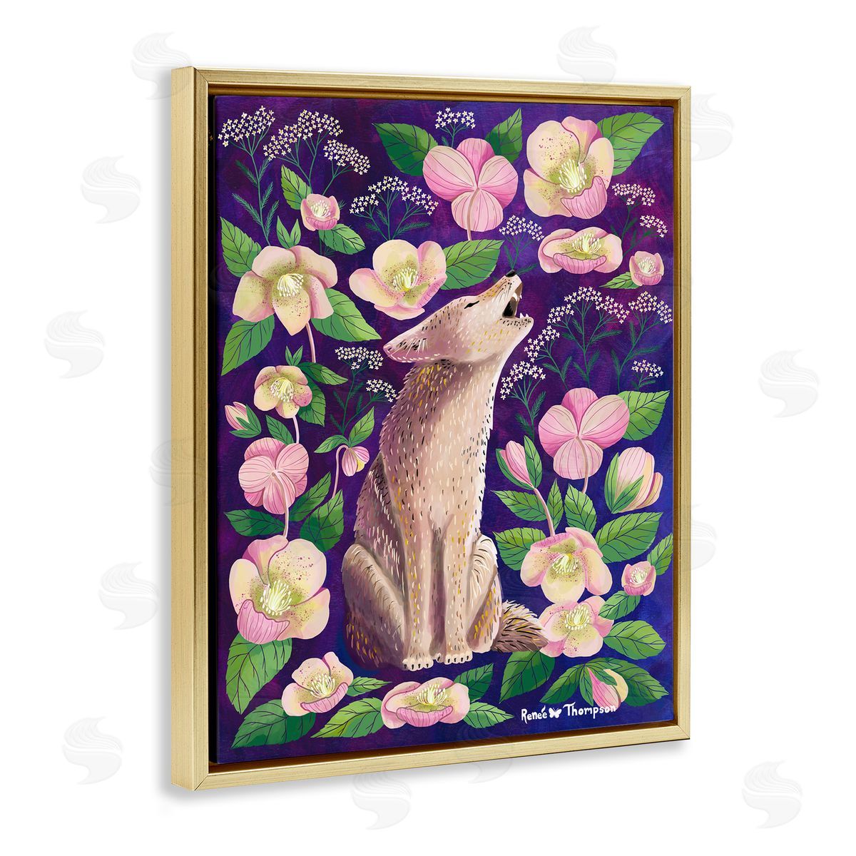 Renee Thompson Coyote & Pink Florals Gold Floating Frame Canvas Wall Art Print