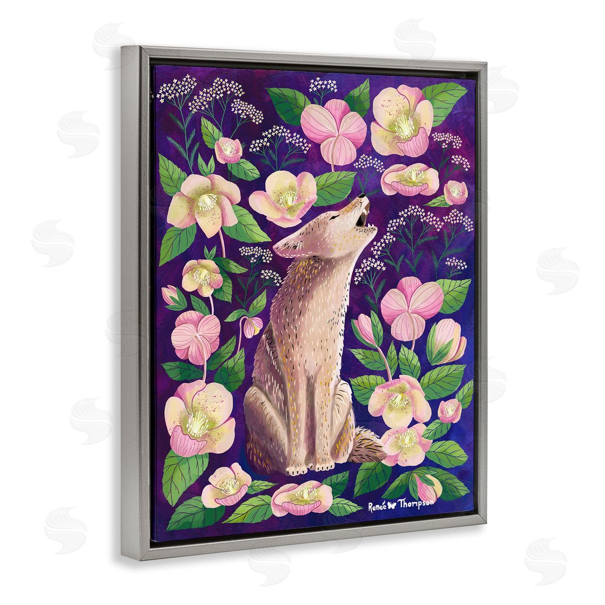 Renee Thompson Coyote & Pink Florals Gray Floating Frame Canvas Wall Art Print