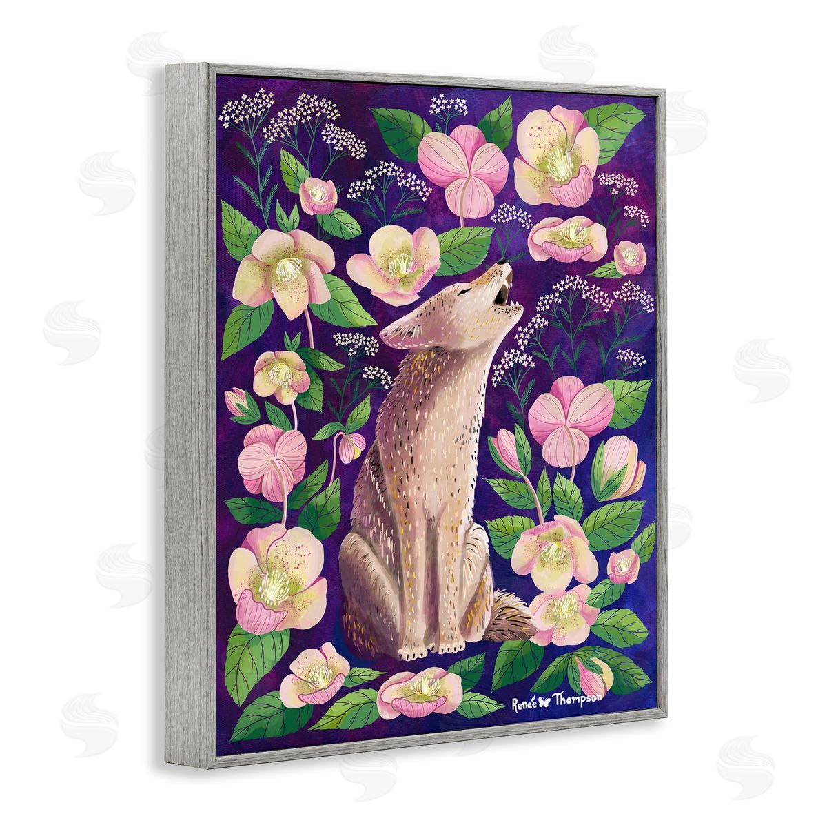 Renee Thompson Coyote & Pink Florals Gray Framed Giclee Wall Art Print