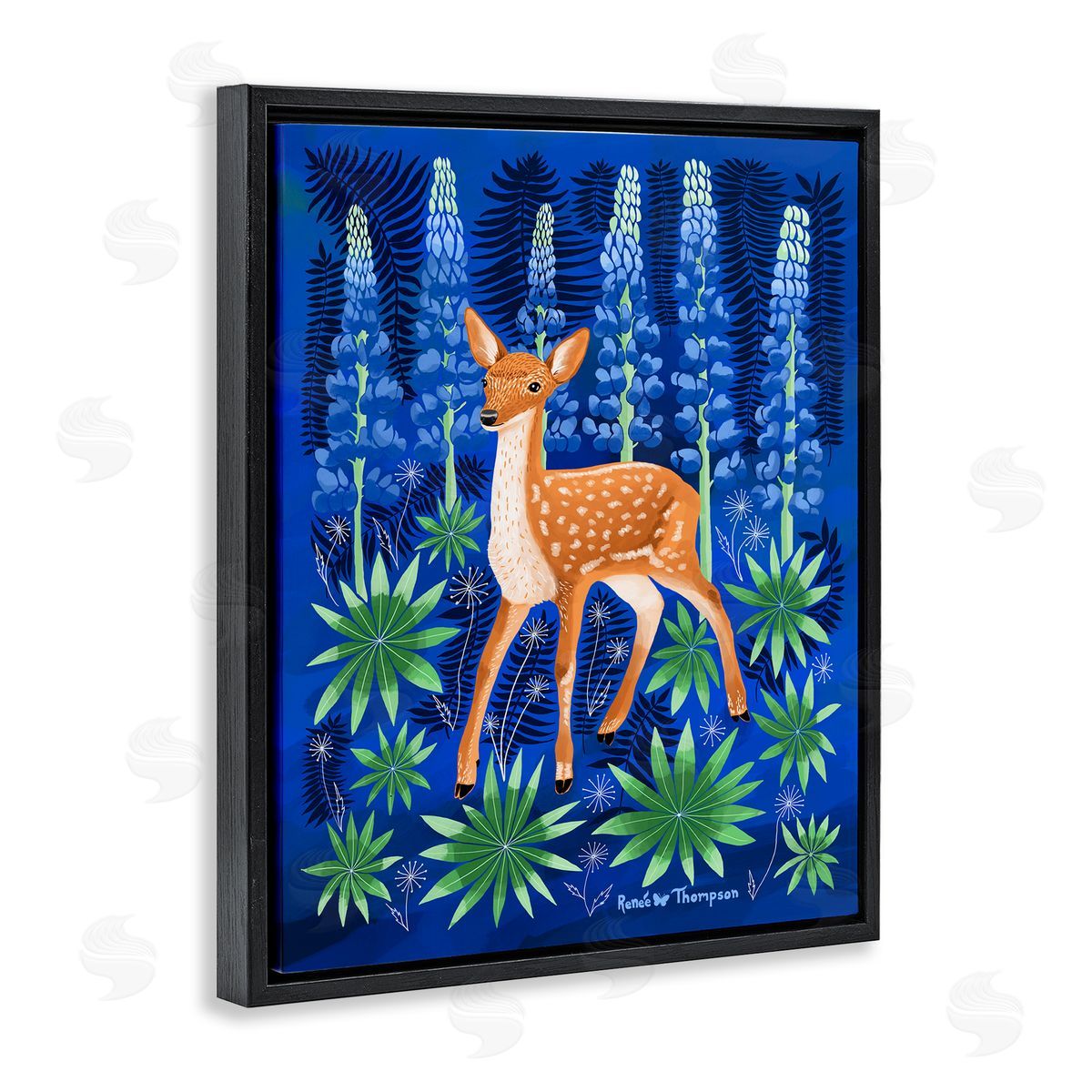 Renee Thompson Fawn & Lupine Flowers Black Floating Frame Canvas Wall Art Print
