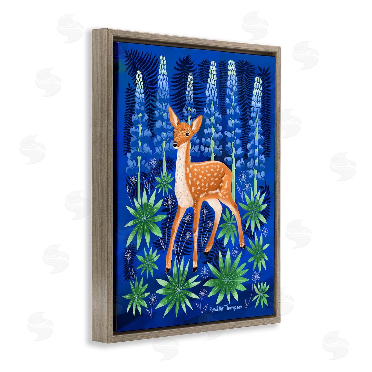 Renee Thompson Fawn & Lupine Flowers Brown Floating Frame Canvas Wall Art Print