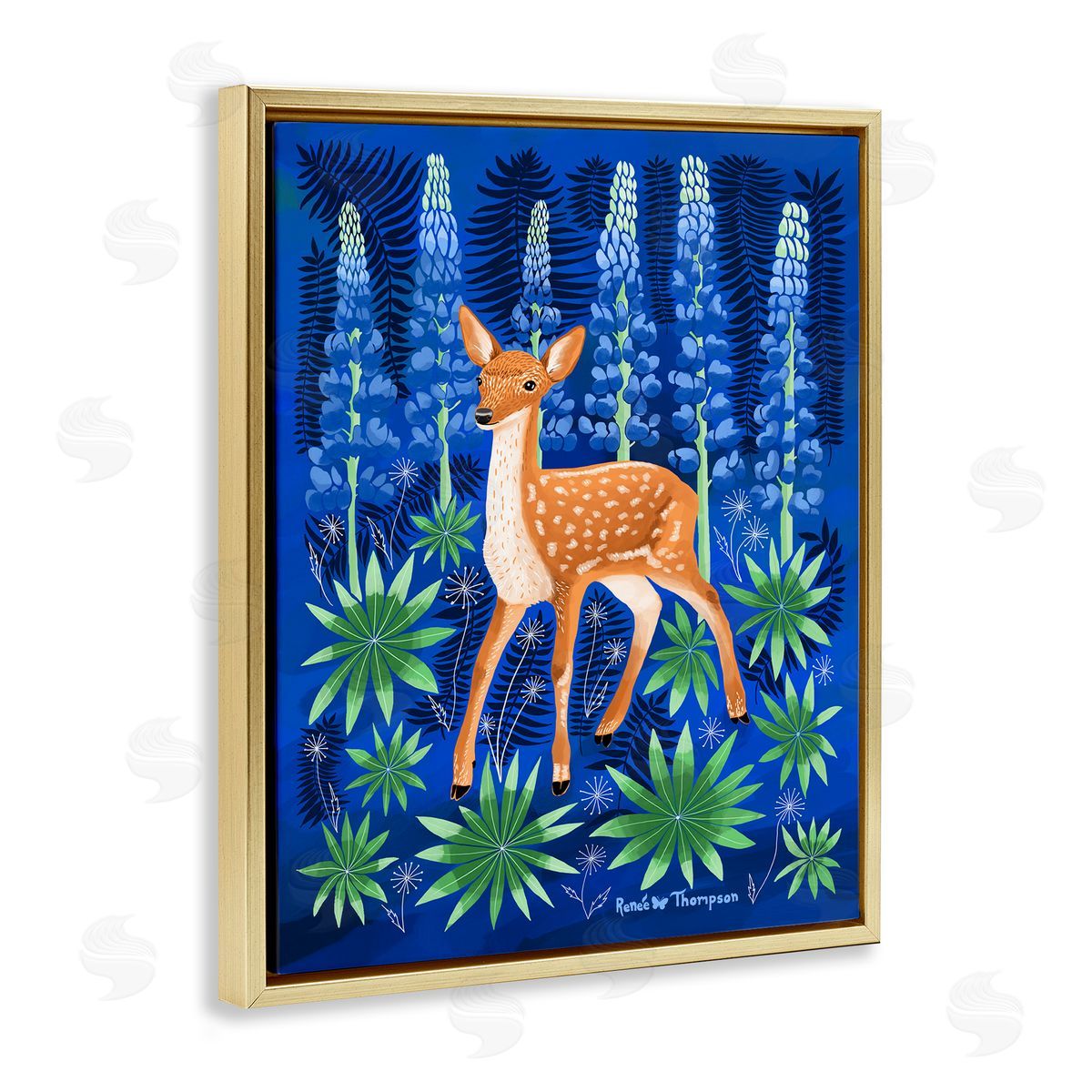 Renee Thompson Fawn & Lupine Flowers Gold Floating Frame Canvas Wall Art Print