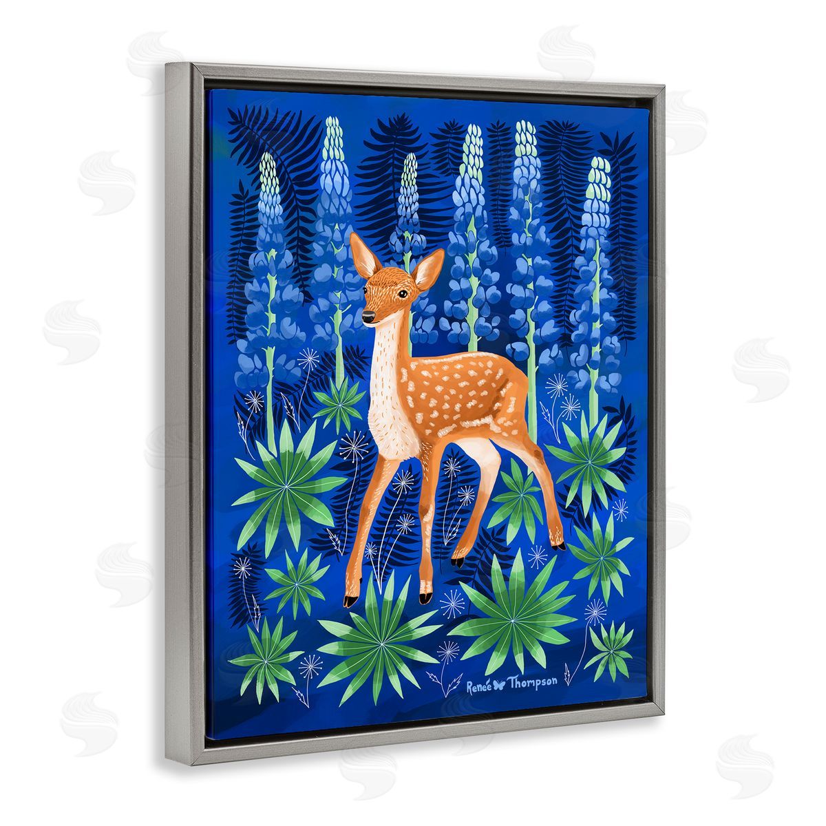 Renee Thompson Fawn & Lupine Flowers Gray Floating Frame Canvas Wall Art Print