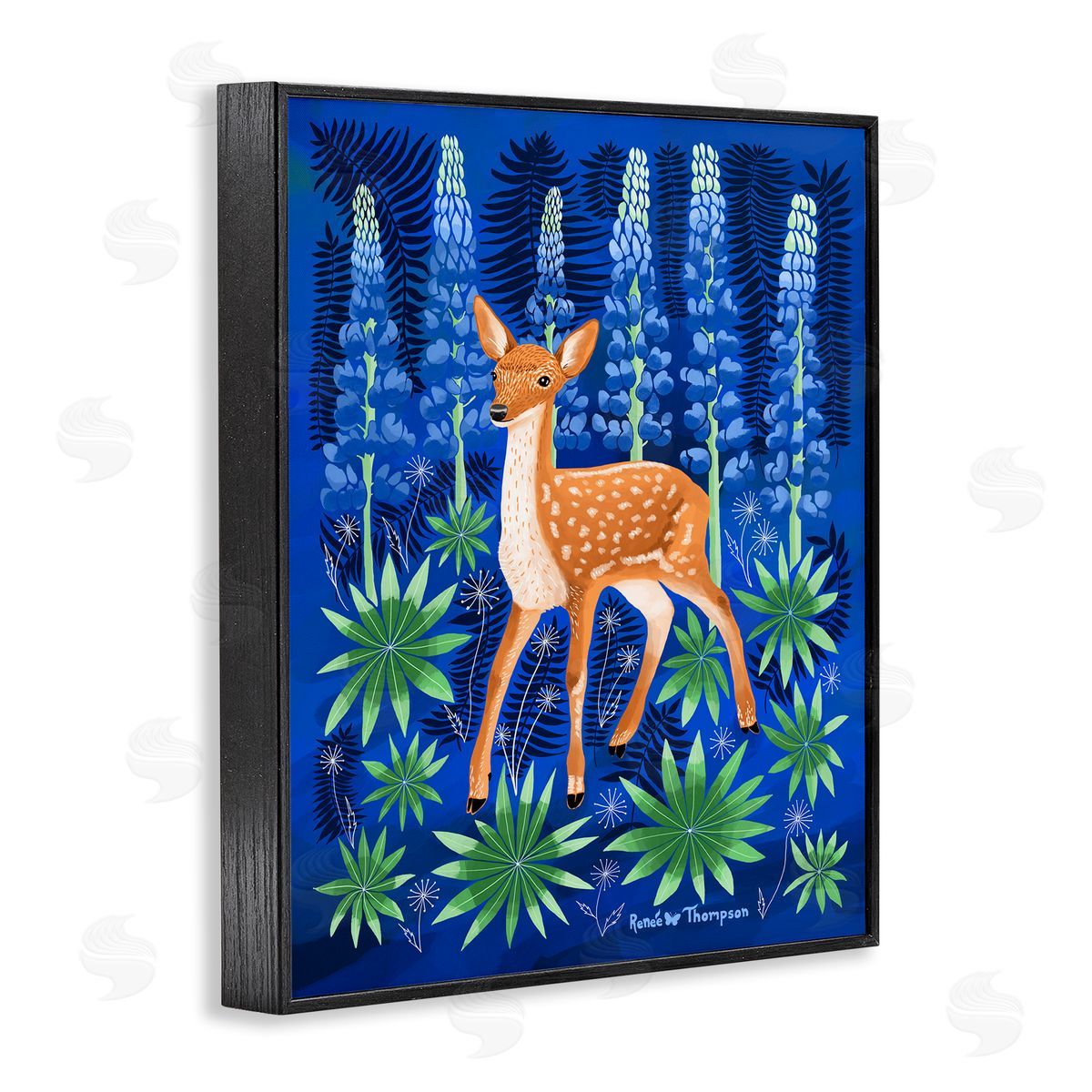 Renee Thompson Fawn & Lupine Flowers Black Framed Giclee Wall Art Print