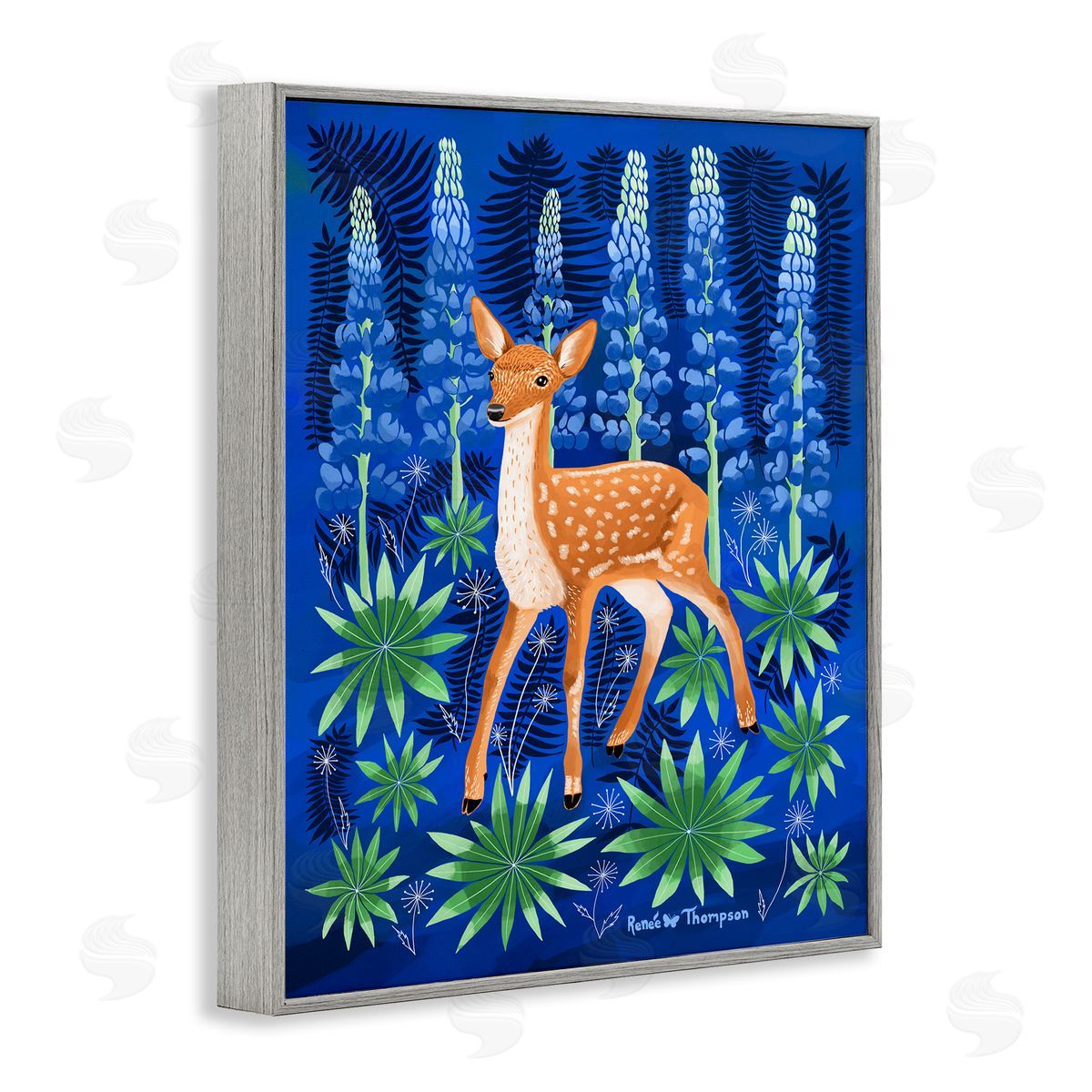 Renee Thompson Fawn & Lupine Flowers Gray Framed Giclee Wall Art Print