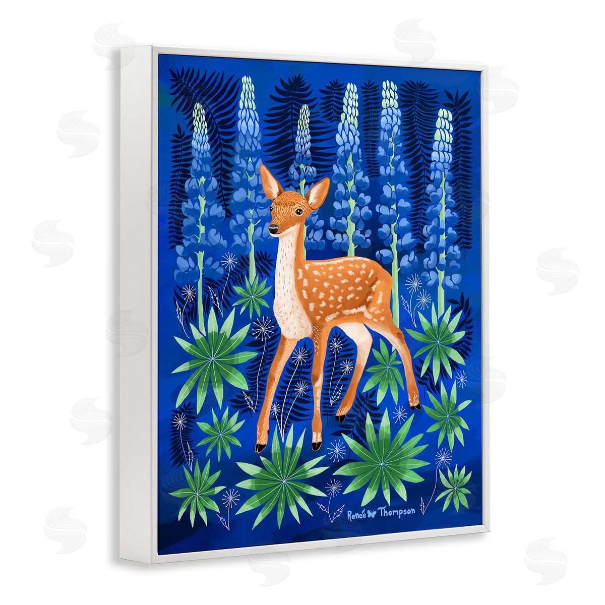 Renee Thompson Fawn & Lupine Flowers White Framed Giclee Wall Art Print