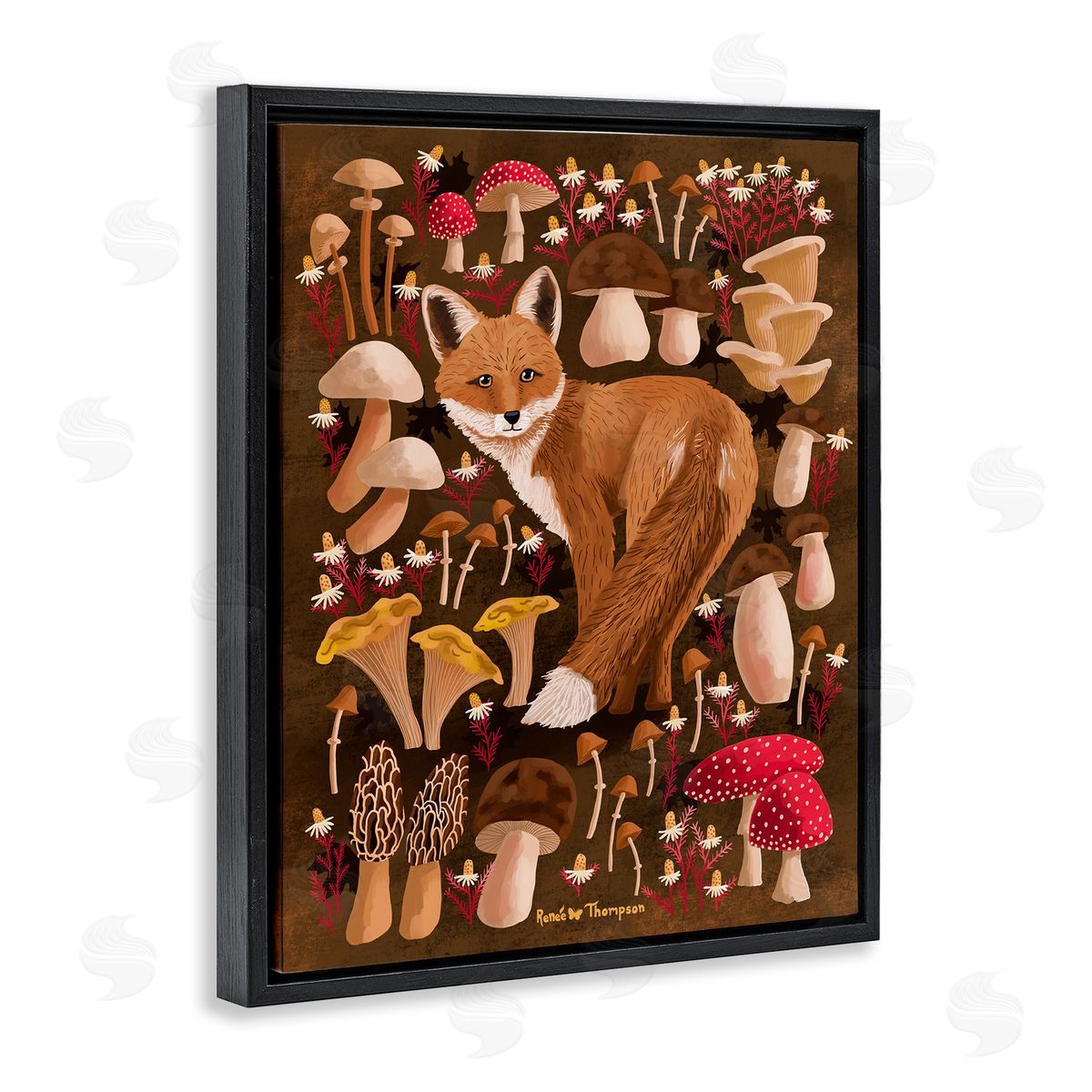 Renee Thompson Fox & Cottage Mushrooms Black Floating Frame Canvas Wall Art Print