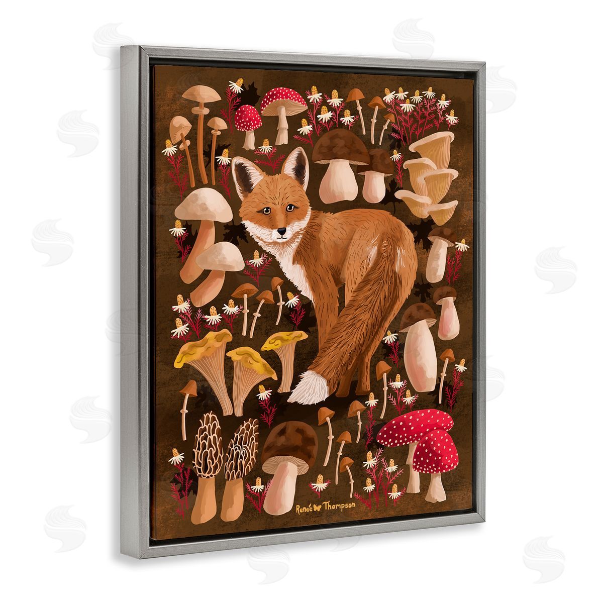 Renee Thompson Fox & Cottage Mushrooms Gray Floating Frame Canvas Wall Art Print
