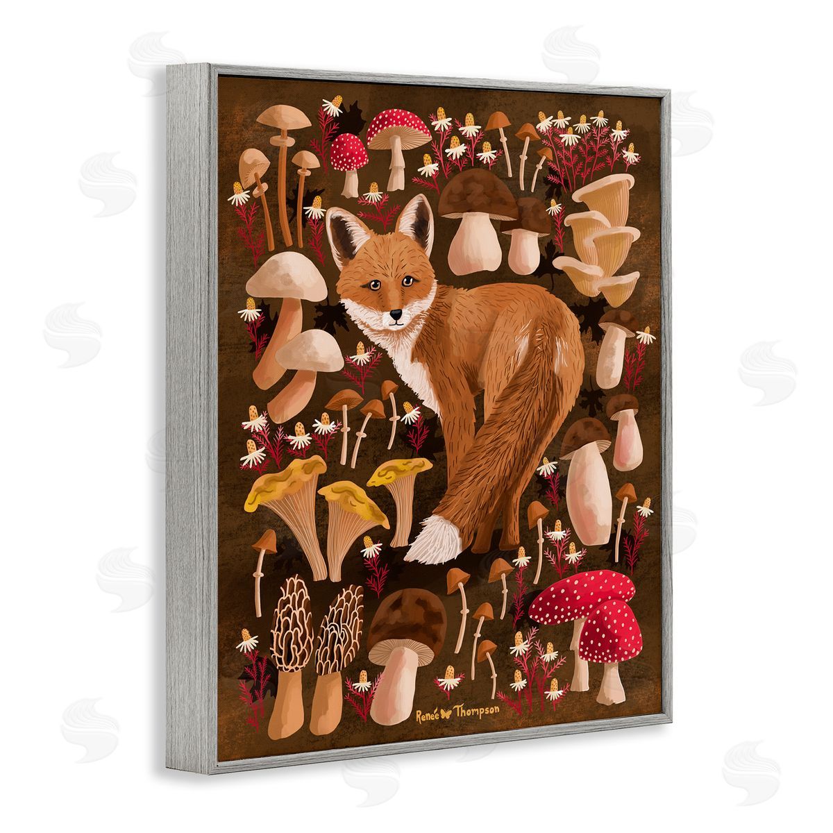 Renee Thompson Fox & Cottage Mushrooms Gray Framed Giclee Wall Art Print