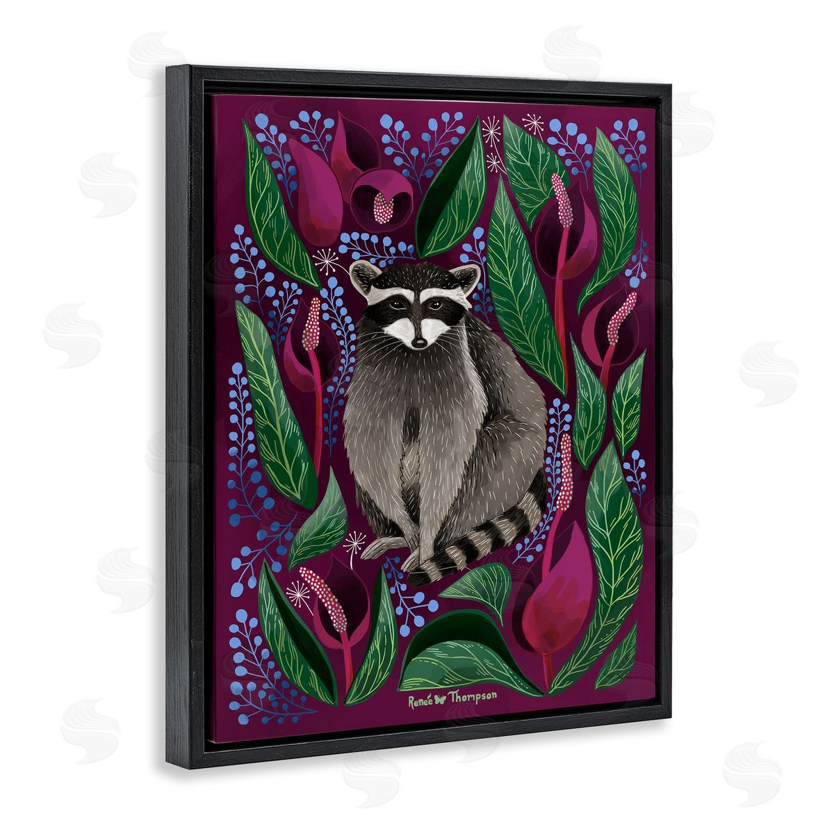 Renee Thompson Raccoon & Cabbage Leaves Black Floating Frame Canvas Wall Art Print