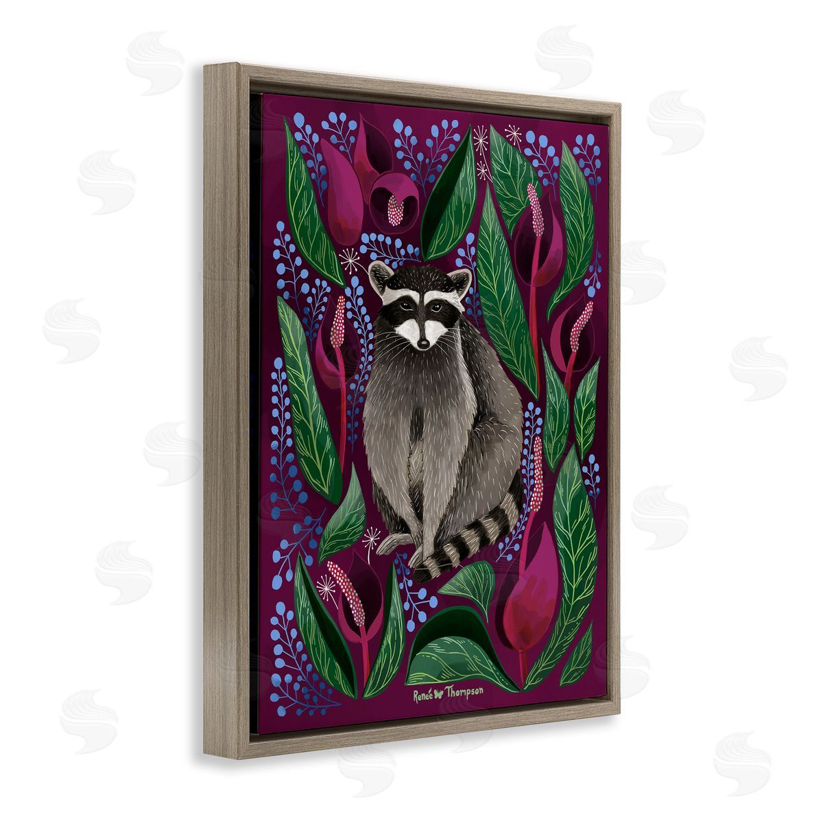 Renee Thompson Raccoon & Cabbage Leaves Brown Floating Frame Canvas Wall Art Print