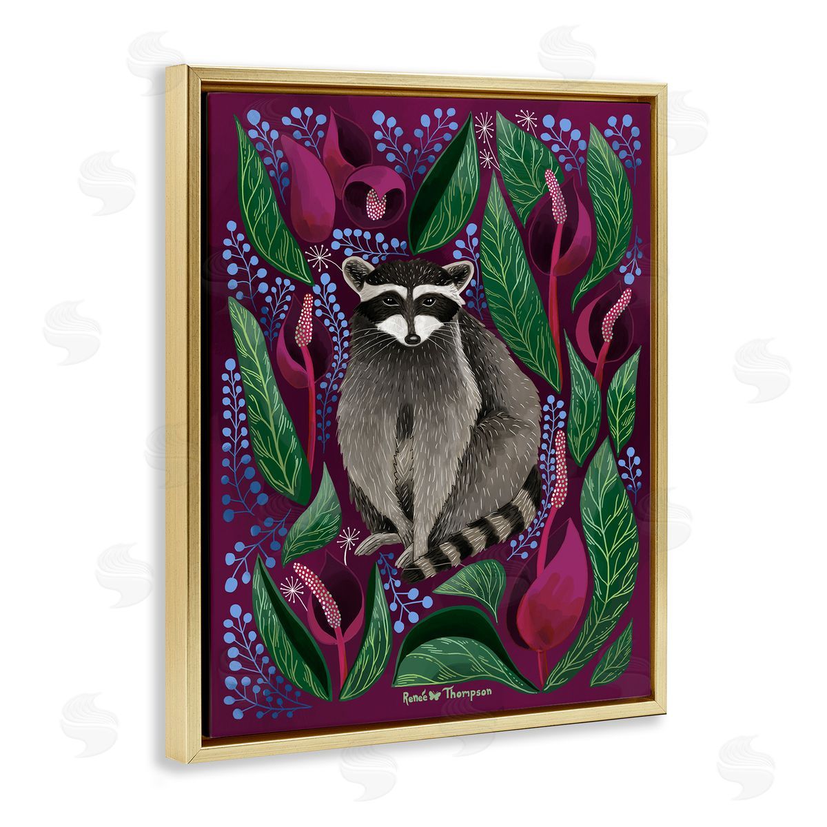 Renee Thompson Raccoon & Cabbage Leaves Gold Floating Frame Canvas Wall Art Print