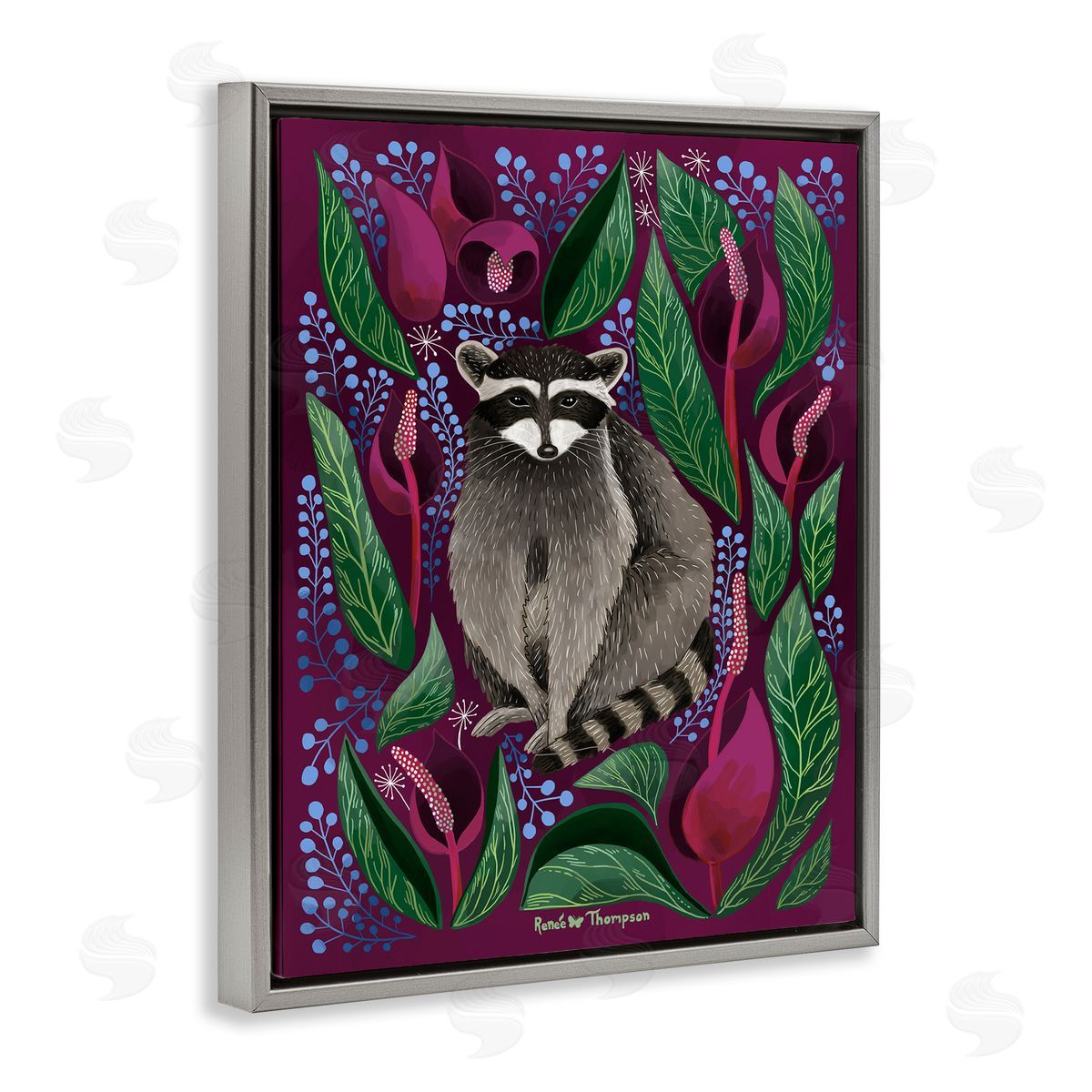 Renee Thompson Raccoon & Cabbage Leaves Gray Floating Frame Canvas Wall Art Print