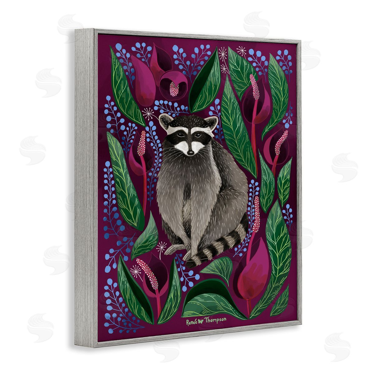 Renee Thompson Raccoon & Cabbage Leaves Gray Framed Giclee Wall Art Print