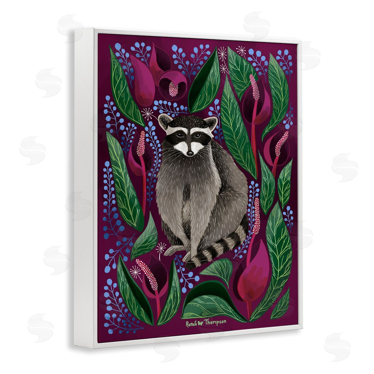 Renee Thompson Raccoon & Cabbage Leaves White Framed Giclee Wall Art Print