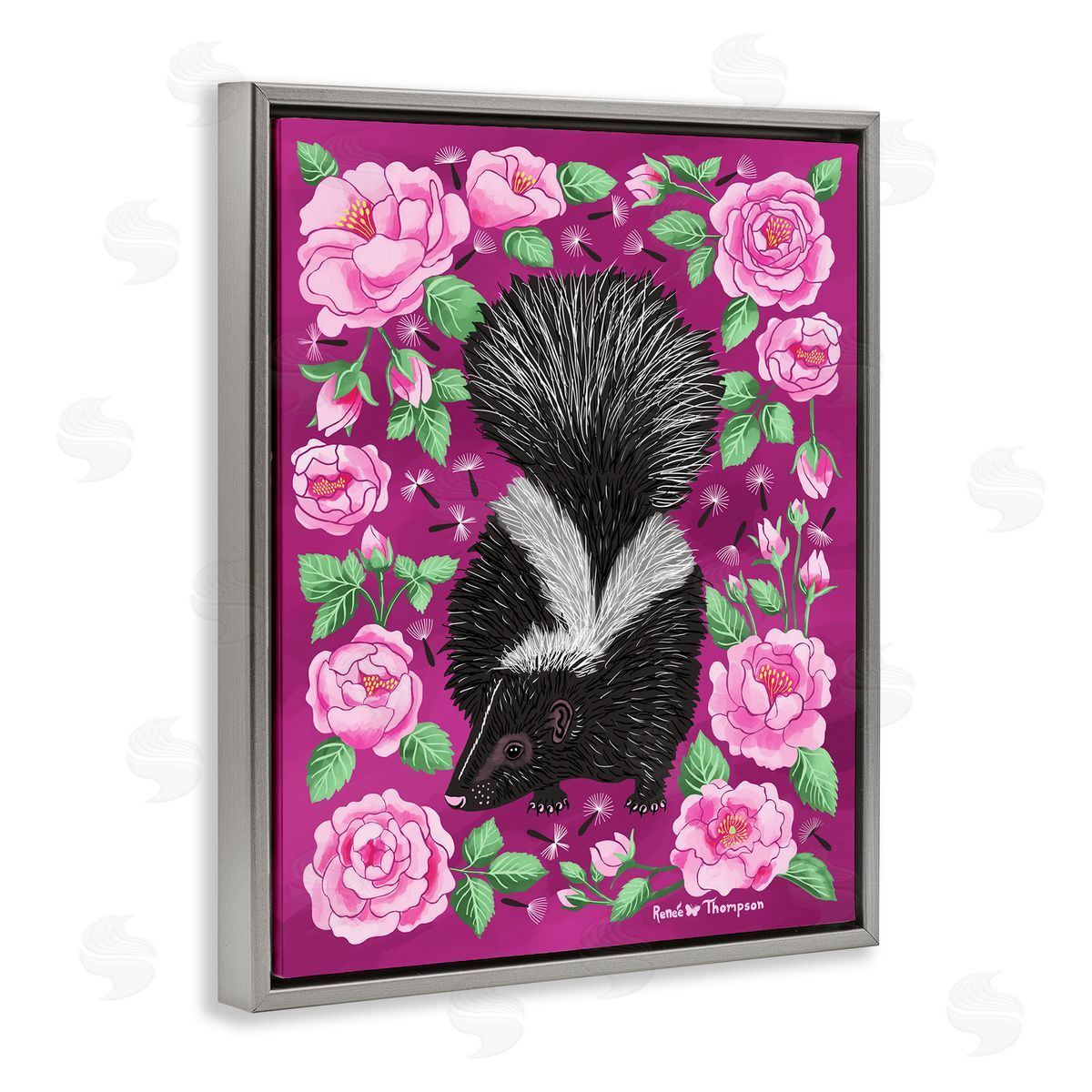 Renee Thompson Skunk & Rose Blossoms Gray Floating Frame Canvas Wall Art Print