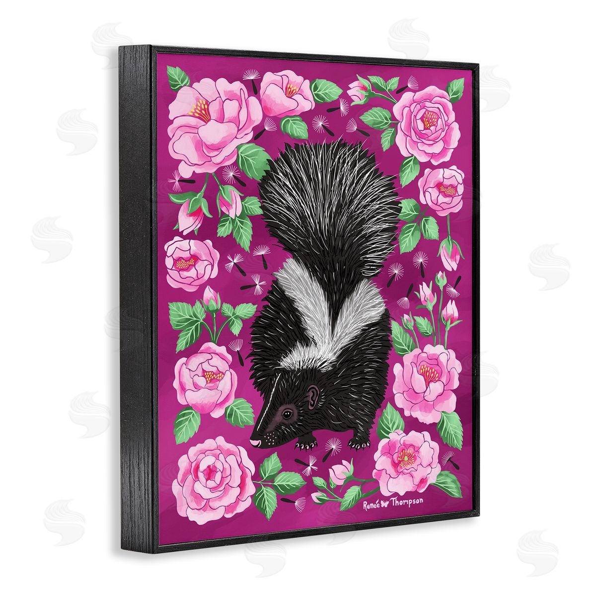 Renee Thompson Skunk & Rose Blossoms Black Framed Giclee Wall Art Print