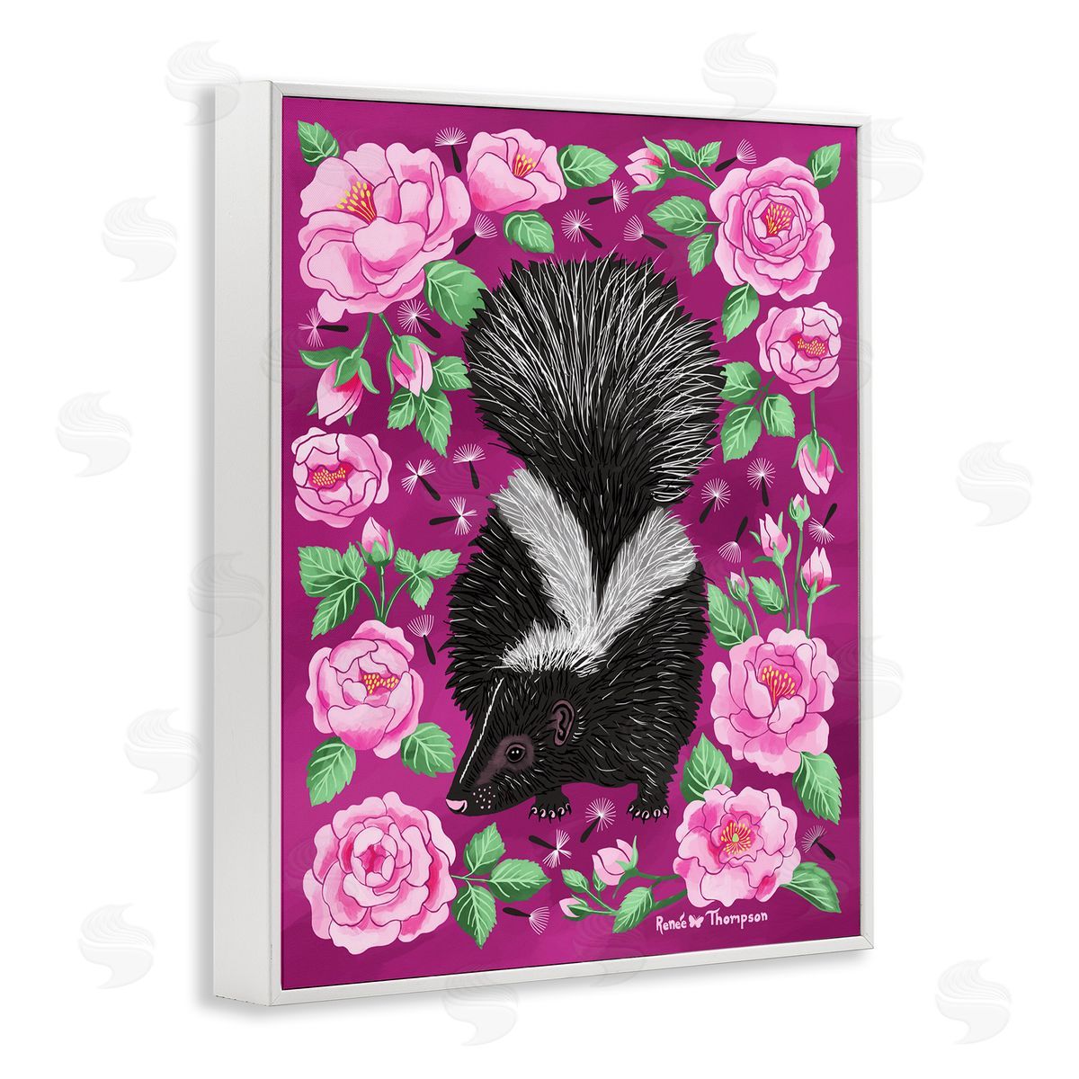 Renee Thompson Skunk & Rose Blossoms White Framed Giclee Wall Art Print