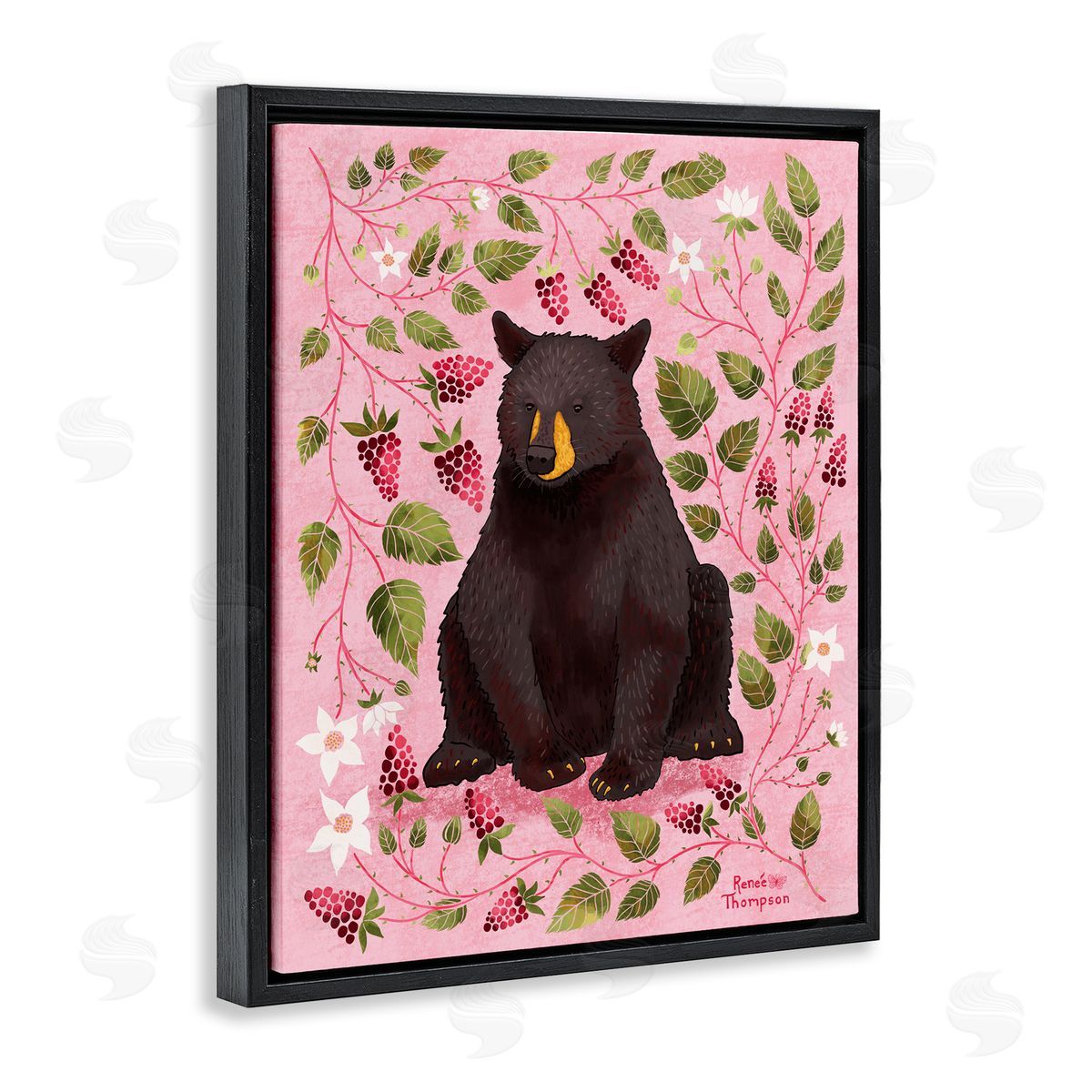 Renee Thompson Bear & Blackberry Plants Black Floating Frame Canvas Wall Art Print