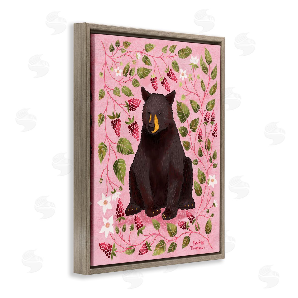 Renee Thompson Bear & Blackberry Plants Brown Floating Frame Canvas Wall Art Print