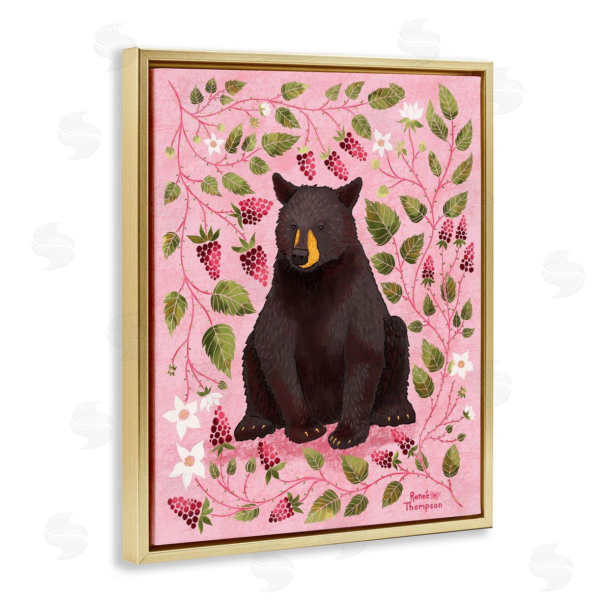 Renee Thompson Bear & Blackberry Plants Gold Floating Frame Canvas Wall Art Print