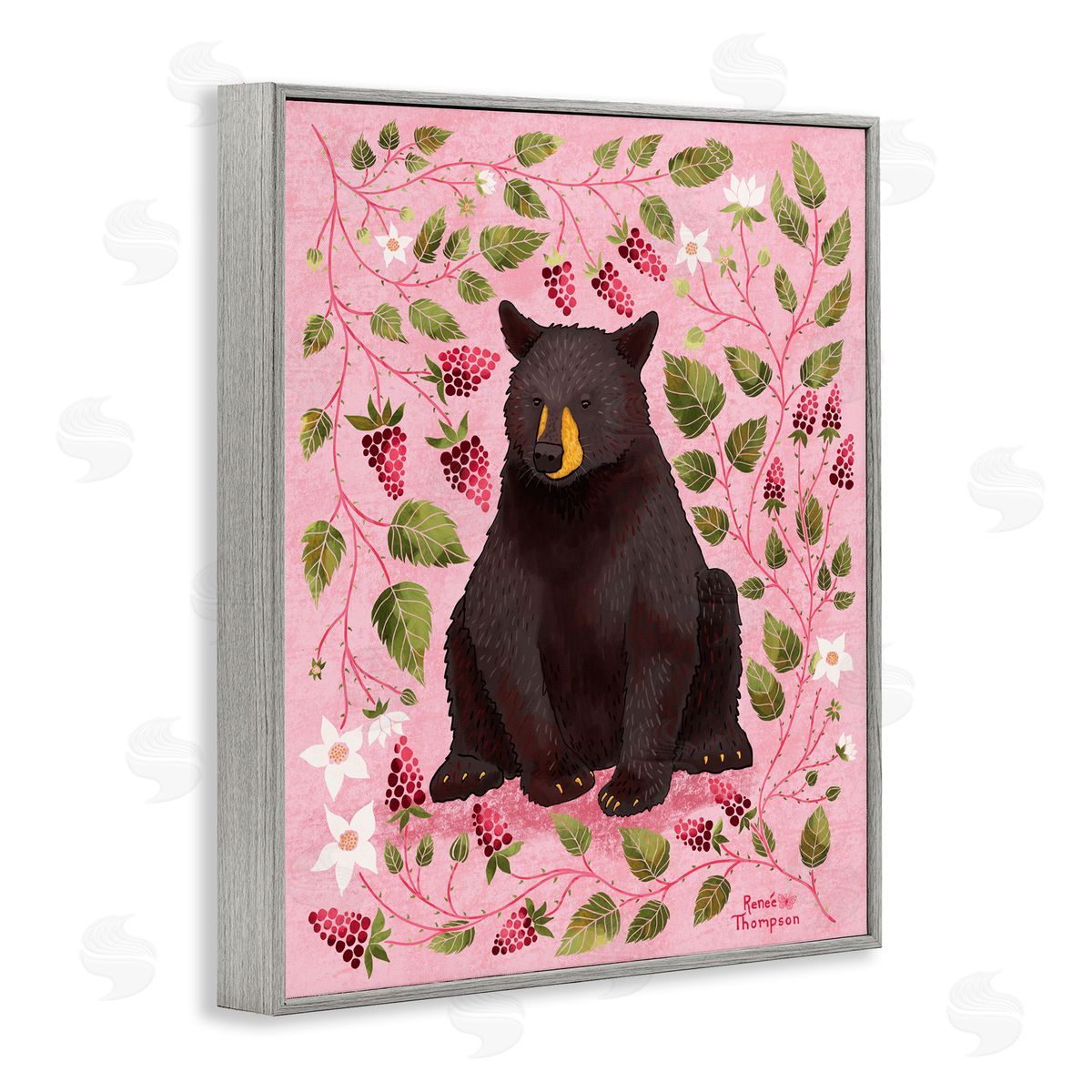 Renee Thompson Bear & Blackberry Plants Gray Framed Giclee Wall Art Print