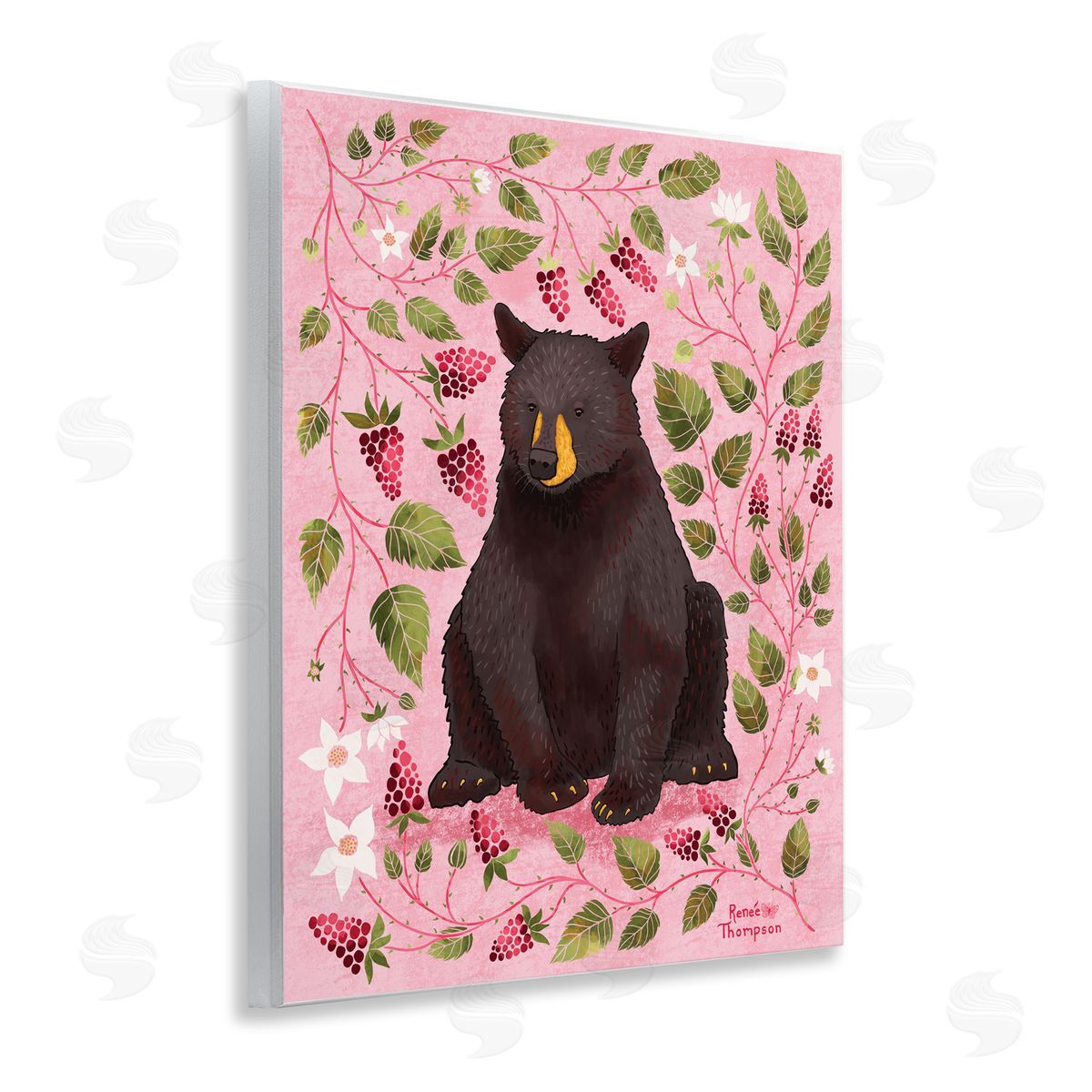 Renee Thompson Bear & Blackberry Plants Wooden Wall Plaque Art Print