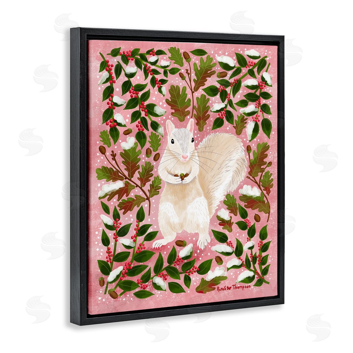 Renee Thompson Squirrel & Winter Holly Black Floating Frame Canvas Wall Art Print