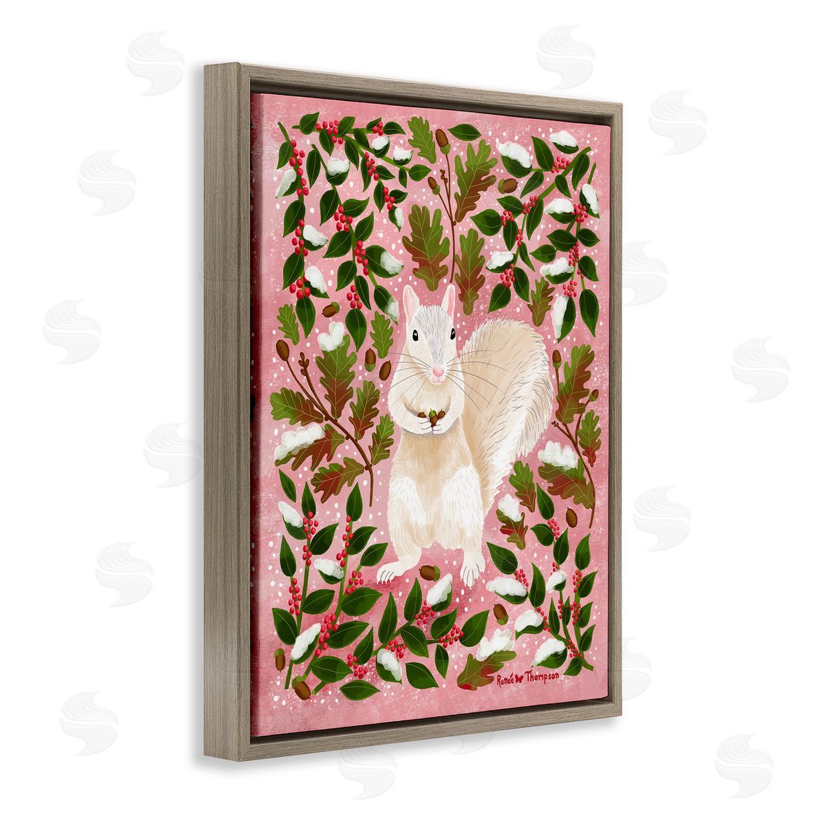 Renee Thompson Squirrel & Winter Holly Brown Floating Frame Canvas Wall Art Print