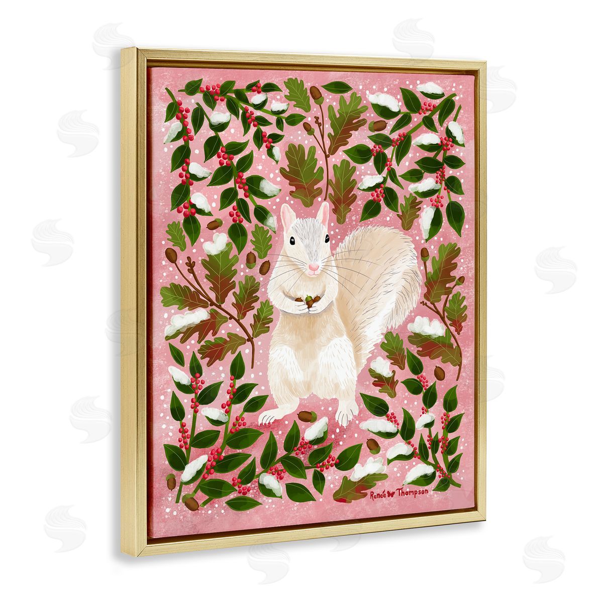 Renee Thompson Squirrel & Winter Holly Gold Floating Frame Canvas Wall Art Print