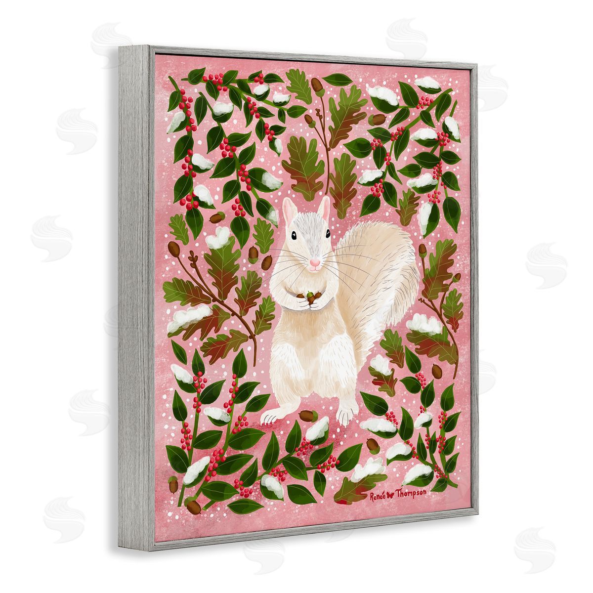 Renee Thompson Squirrel & Winter Holly Gray Framed Giclee Wall Art Print