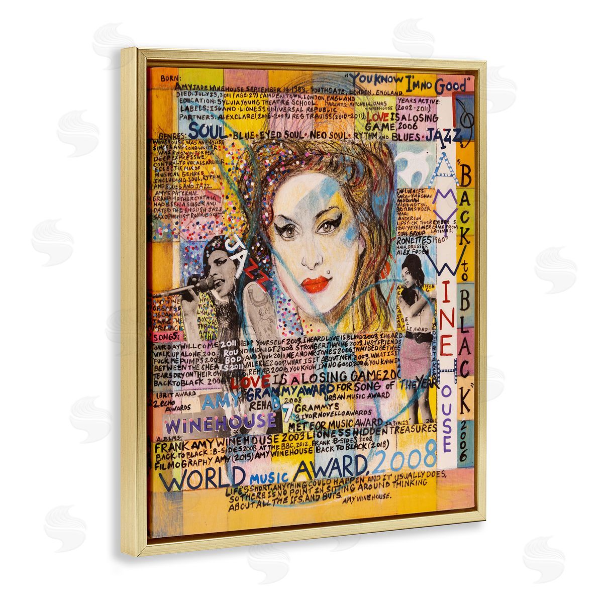 Sabin Amy Winehouse Collage Gold Floating Frame Canvas Wall Art Print