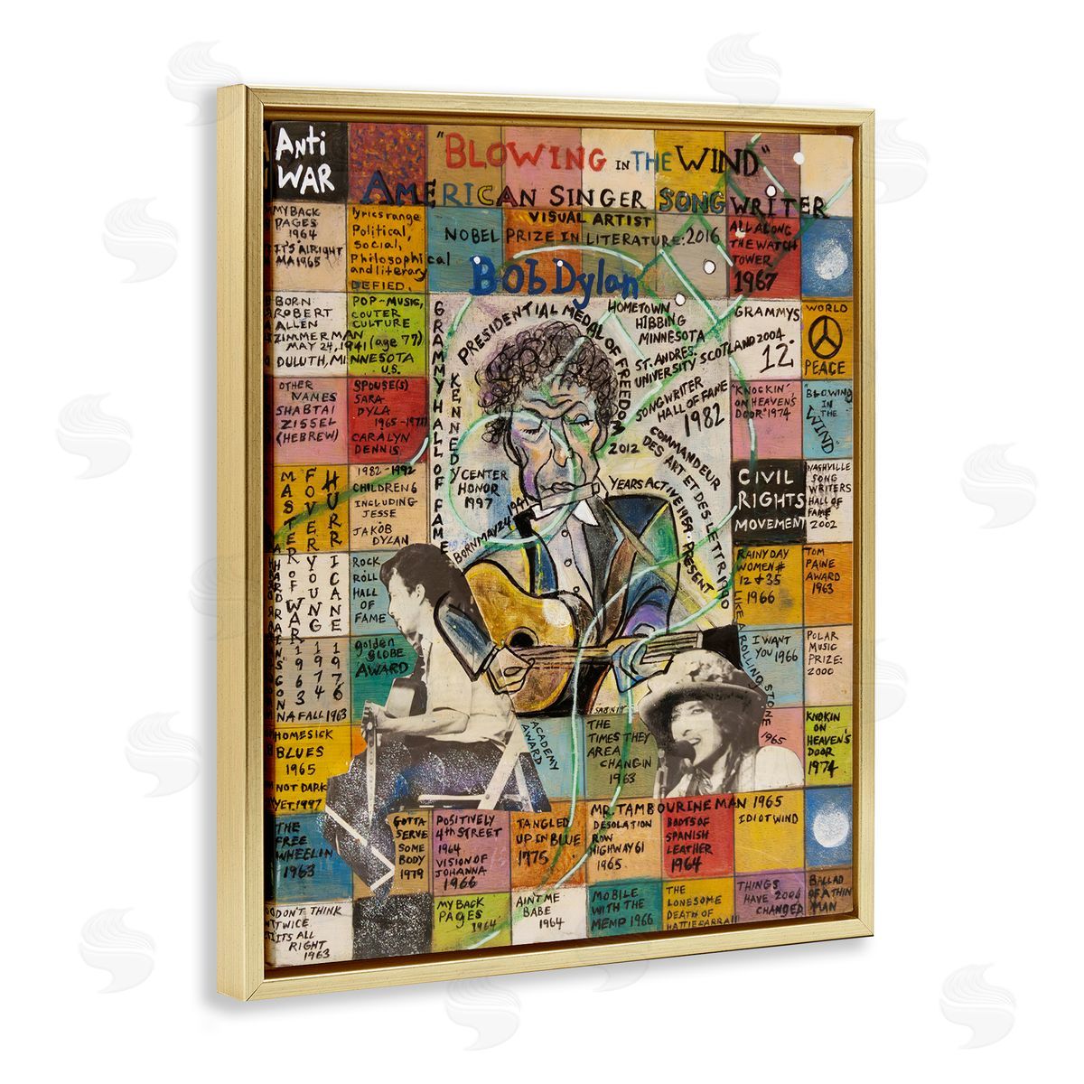 Sabin Bob Dylan Collage Gold Floating Frame Canvas Wall Art Print