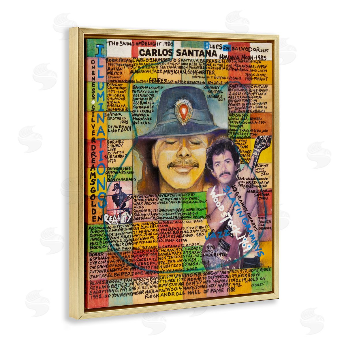 Sabin Carlos Santana Collage Gold Floating Frame Canvas Wall Art Print