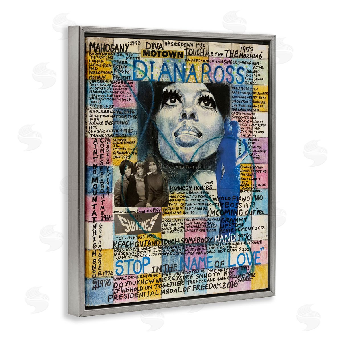 Sabin Diana Ross Collage Gray Floating Frame Canvas Wall Art Print