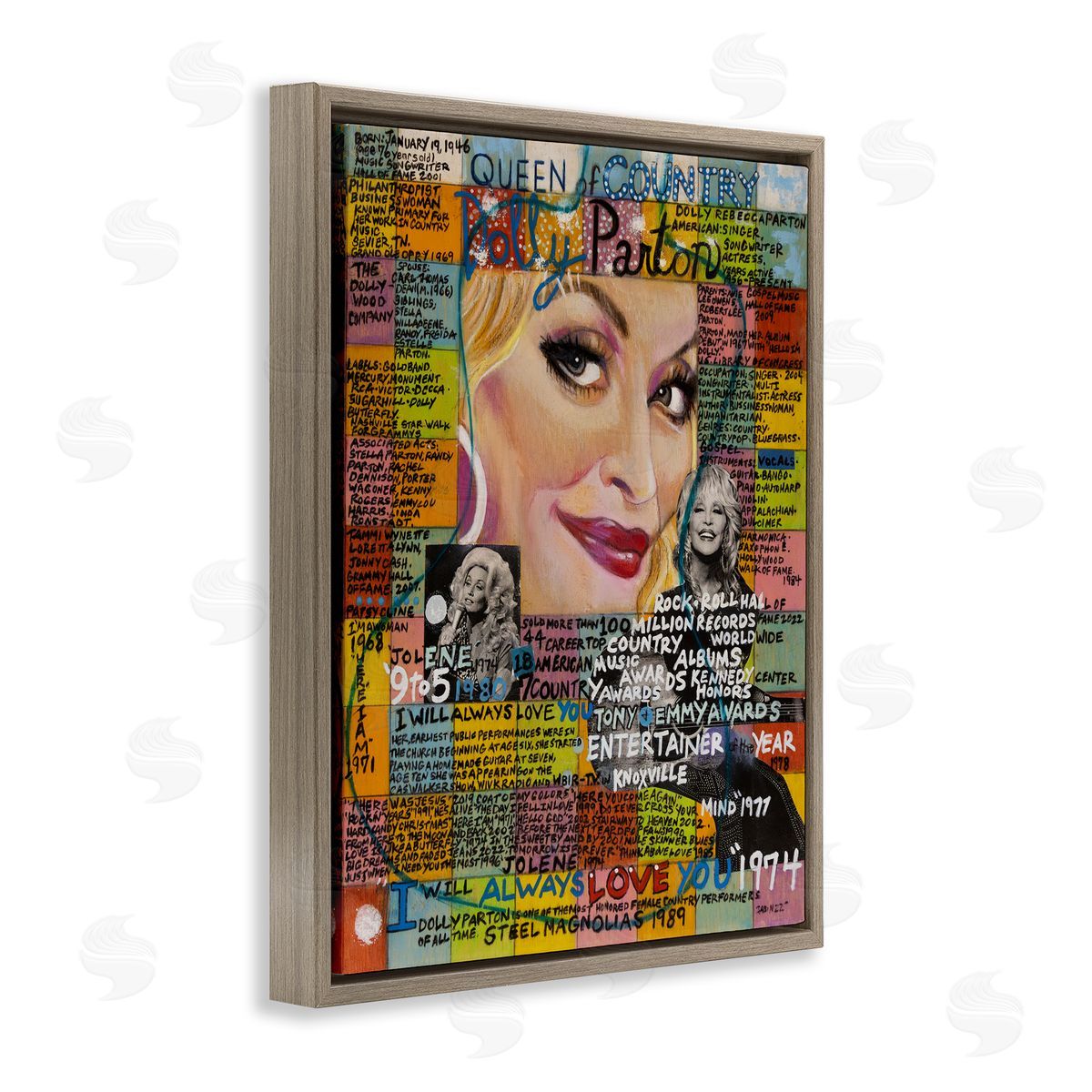 Sabin Dolly Parton Collage Brown Floating Frame Canvas Wall Art Print
