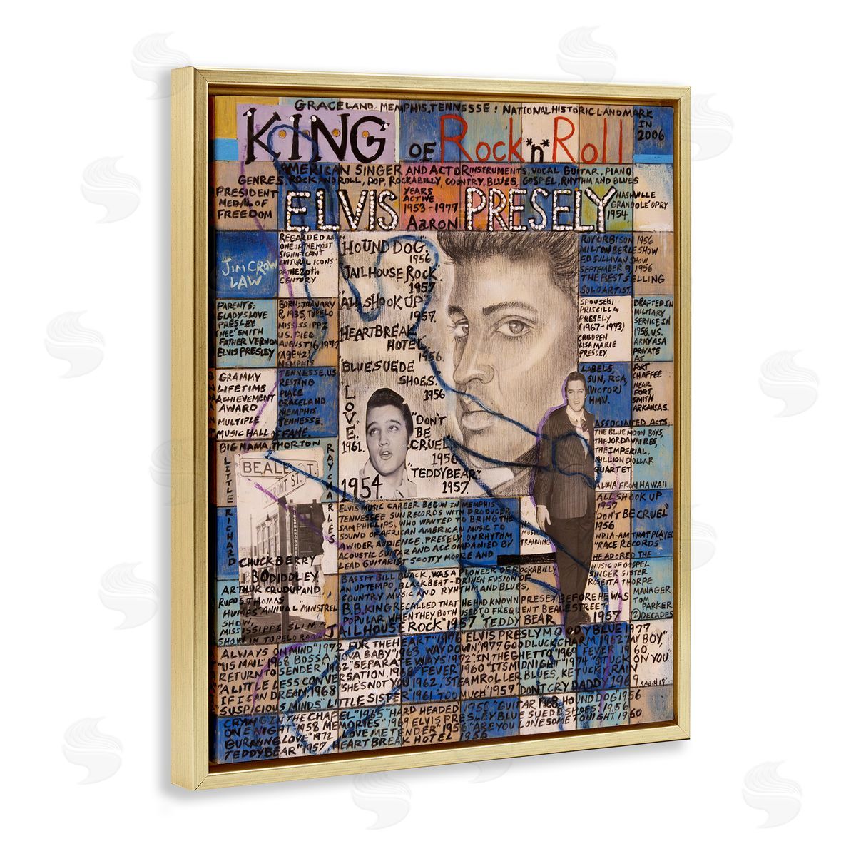Sabin Elvis Presley Collage Gold Floating Frame Canvas Wall Art Print