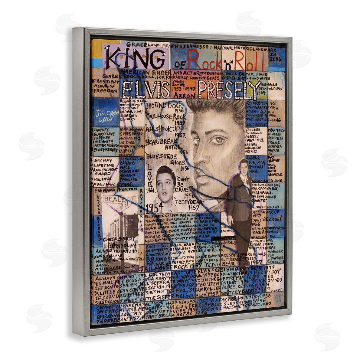 Sabin Elvis Presley Collage Gray Floating Frame Canvas Wall Art Print