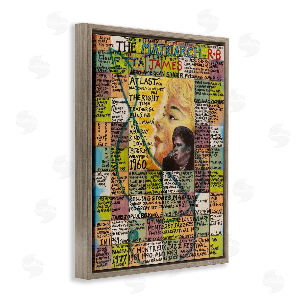 Sabin Etta James Collage Brown Floating Frame Canvas Wall Art Print