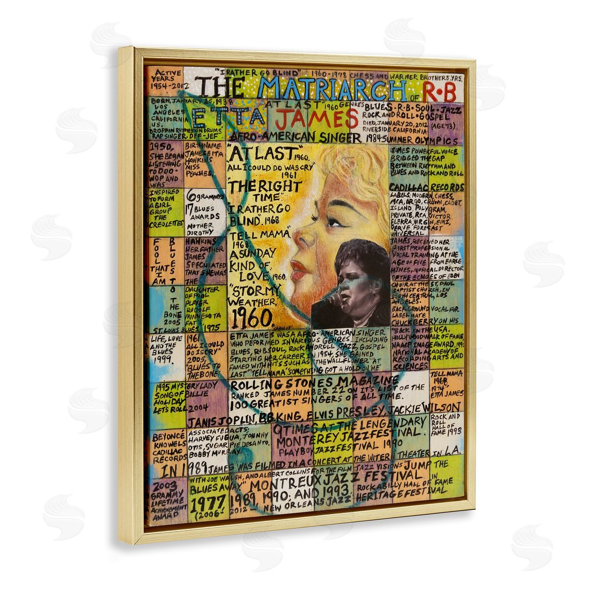 Sabin Etta James Collage Gold Floating Frame Canvas Wall Art Print