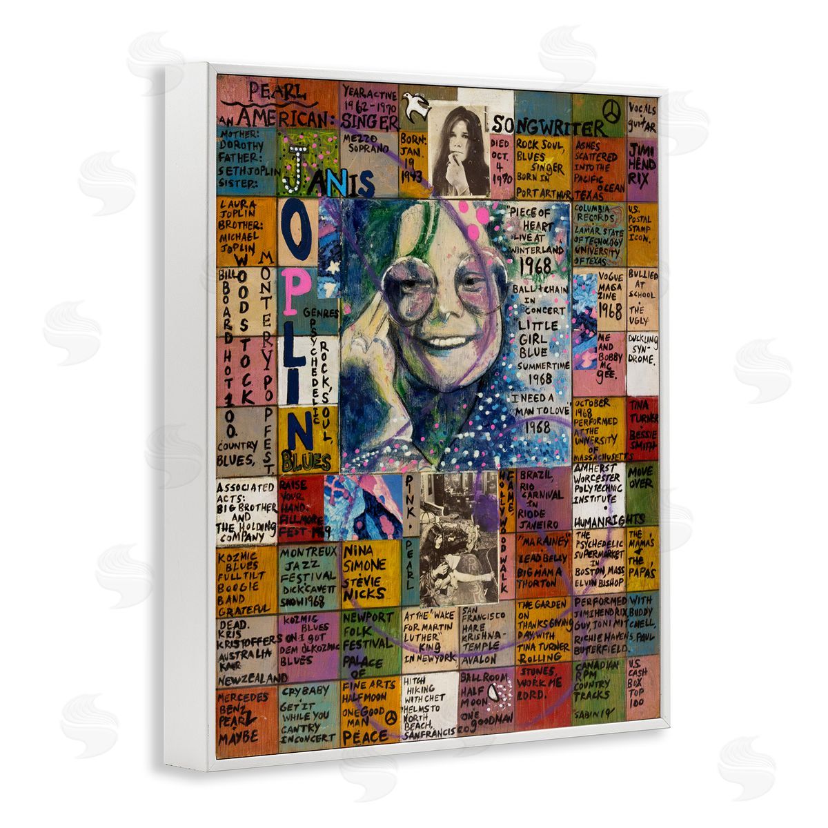 Sabin Janis Joplin Collage White Framed Giclee Wall Art Print