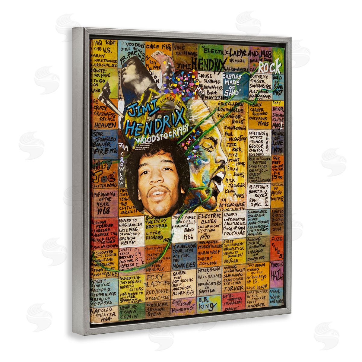 Sabin Jimi Hendrix Collage Gray Floating Frame Canvas Wall Art Print