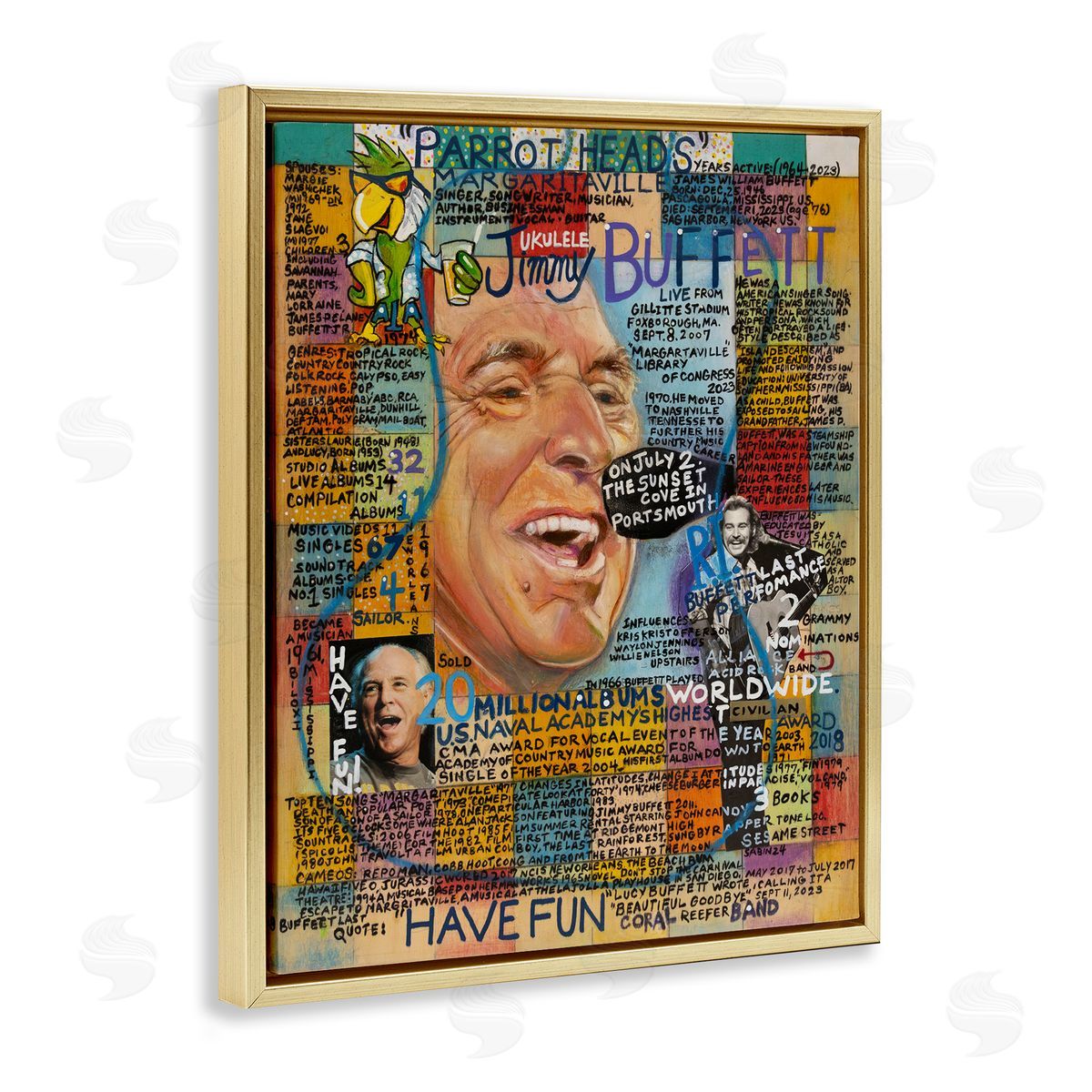 Sabin Jimmy Buffet Collage Gold Floating Frame Canvas Wall Art Print