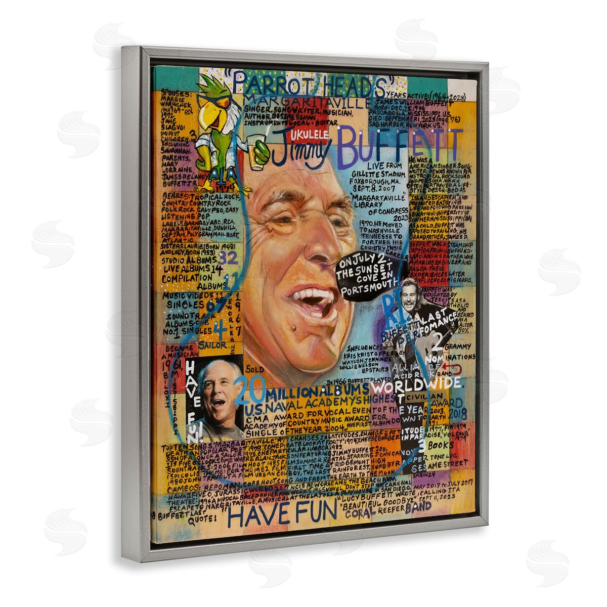Sabin Jimmy Buffet Collage Gray Floating Frame Canvas Wall Art Print